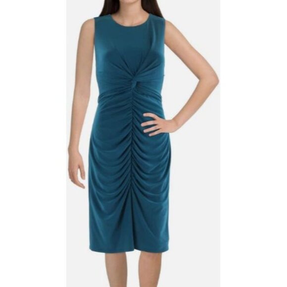 Vince Camuto Size 14 Teal Sleeveless Ruched Bodycon Front Midi Dress Keyhole - Picture 4 of 12